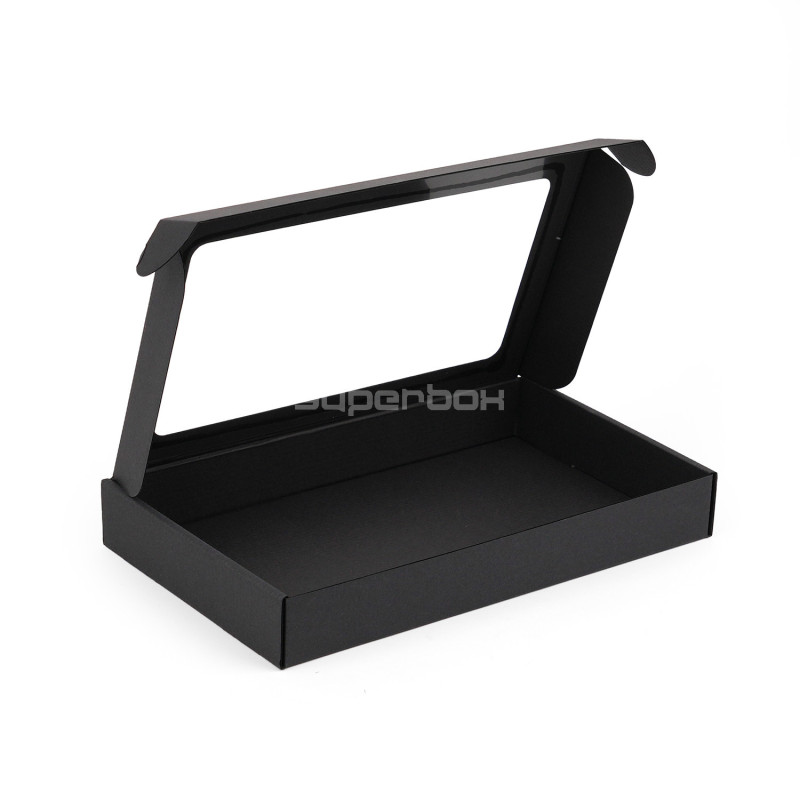 Чёрная подарочная коробка низкой высоты с ПВХ-окошком Чёрная подарочная коробка низкой высоты с ПВХ-окошком
