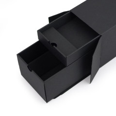 Closed oblong black gift box for bottle with two drawers, 320x108x90 mm