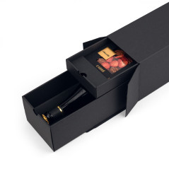 Closed oblong black gift box for bottle with two drawers - packaging example, 320x108x90 mm