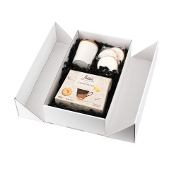 White double door box with integrated satin ribbon - packaging example, 340x190x85 mm