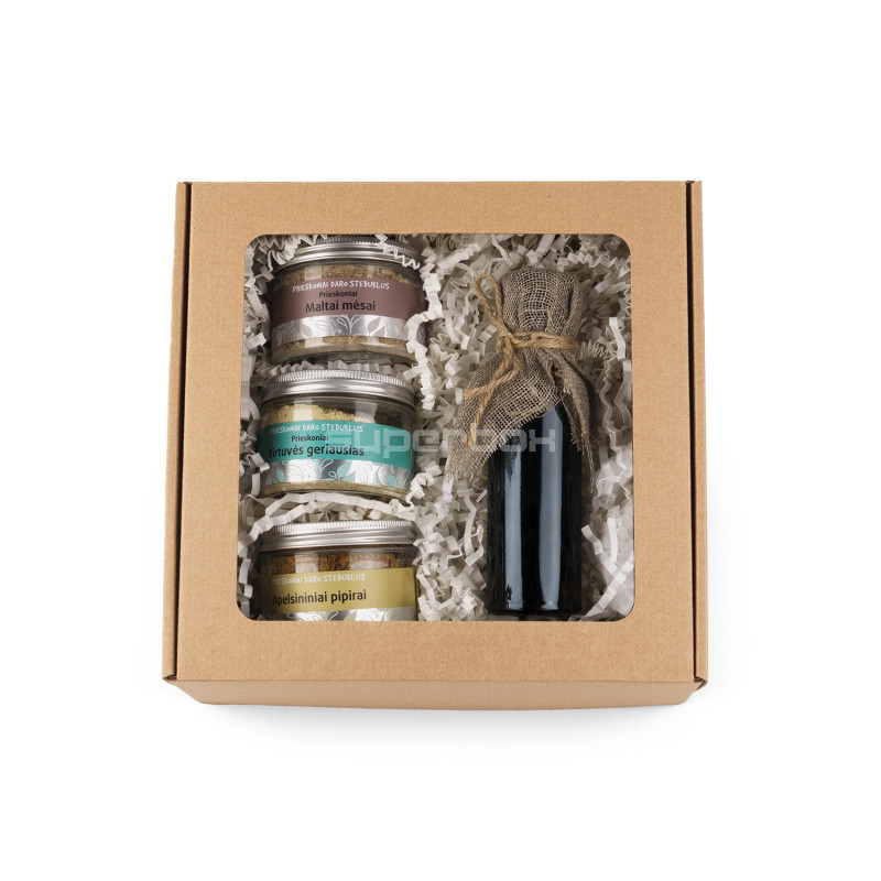 Suur pruuni värvi neljakandiline kinkekarp läbipaistva aknaga