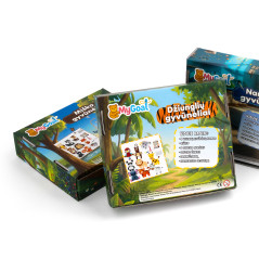 "Džungliloomad" õmbluskomplekti pakend kirkate illustratsioonidega