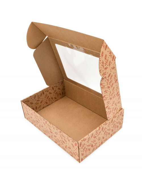 Коричневая подарочная коробка под елку размера A4 с КРАСНЫМИ ЯГОДАМИ, в открытом виде