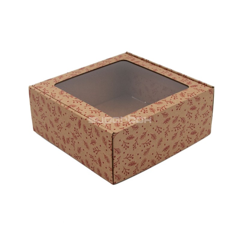 Brown Large Square Gift Box with Clear Window RED BERRIES