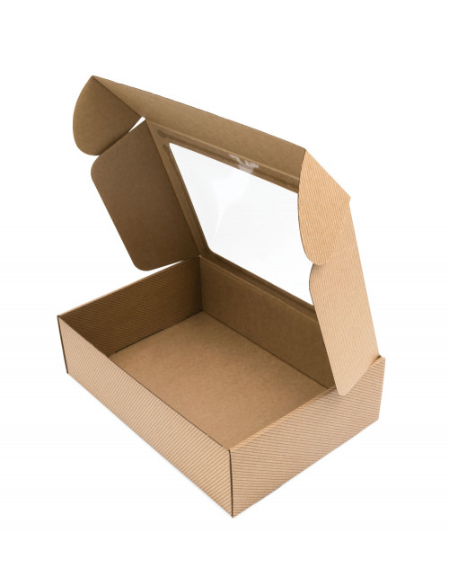 Коричневая подарочная коробка размера A4 с окошком, в открытом виде