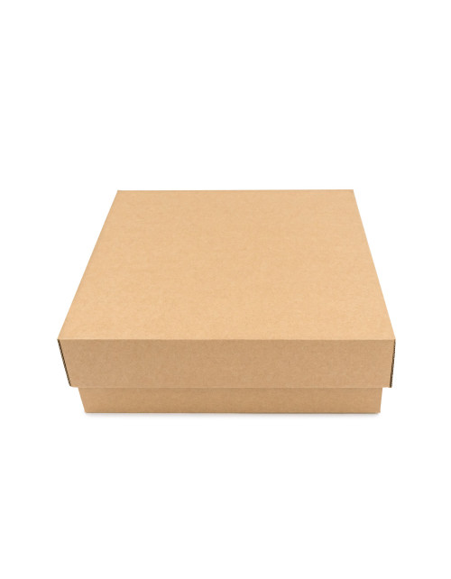 Прочная коричневая квадратная коробка высотой 8 см с крышкой.