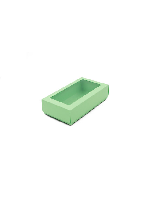 Светло-зеленая подарочная коробочка из картона с крышкой и окошком