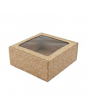 Большая квадратная подарочная коробка коричневого цвета с прозрачным окошком БЕЛЫЕ ЯГОДЫ