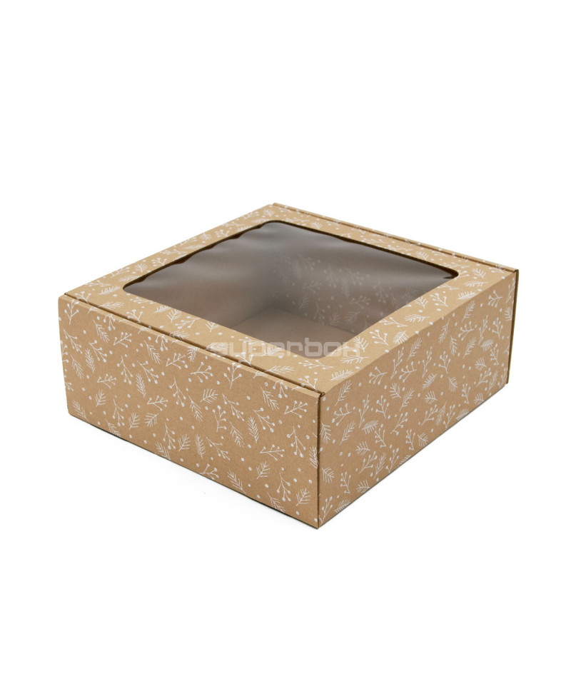 Большая квадратная подарочная коробка коричневого цвета с прозрачным окошком БЕЛЫЕ ЯГОДЫ