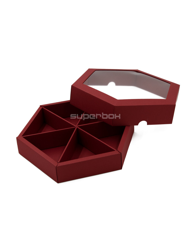 Красная роскошная шестигранная подарочная коробка со вставкой и окном