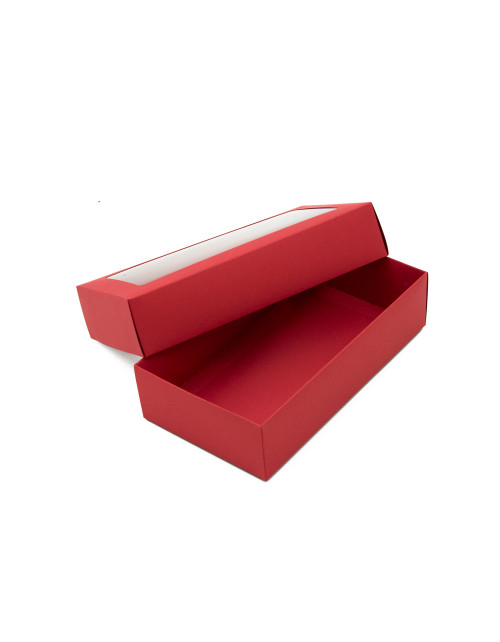 Красная подарочная коробочка из картона с крышкой и окошком