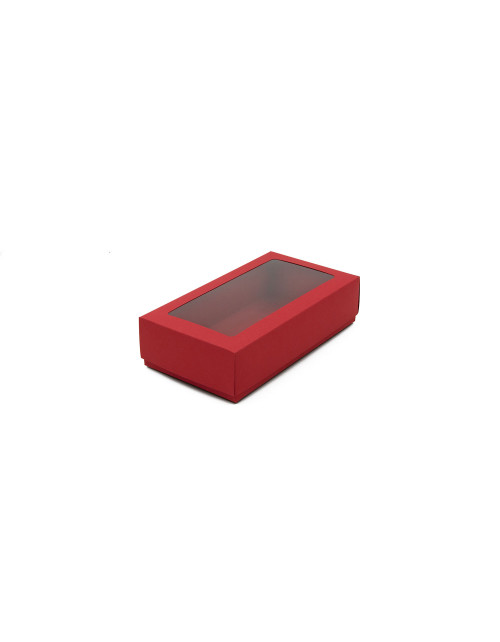 Красная подарочная коробочка из картона с крышкой и окошком