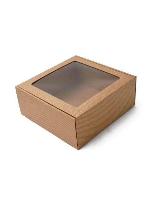 Коричневая квадратная коробка с окном и линейным узором