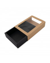Выдвижная подарочная коробка с коричневым рукавом, черным дном и окошком