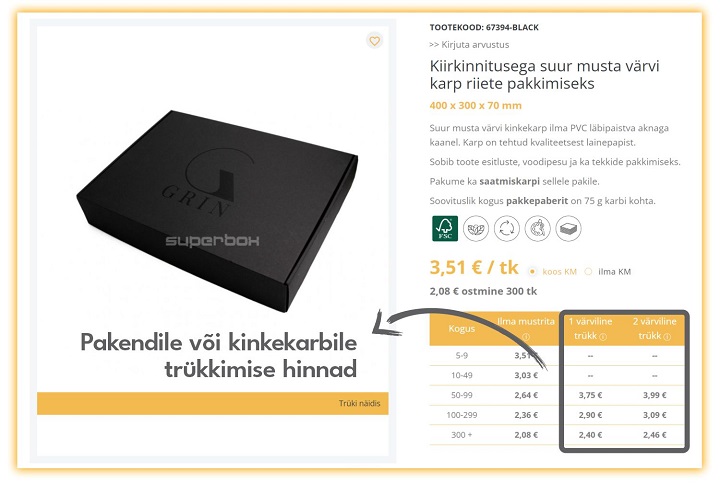 Trükkimise hinnad pakendil või kingituste karpidel